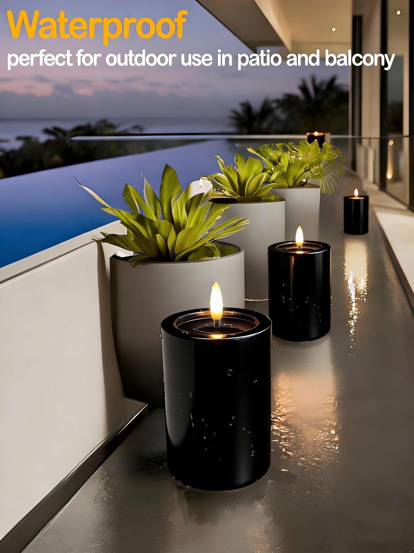 Gmnee 3"x4" Outdoor Waterproof Flameless Candles with Remote and Timers, LED Candles, Battery Operated Candles, Electric Fake Pillar Candles for Patio, Porch, and Lanterns Decor (Black, Plastic)