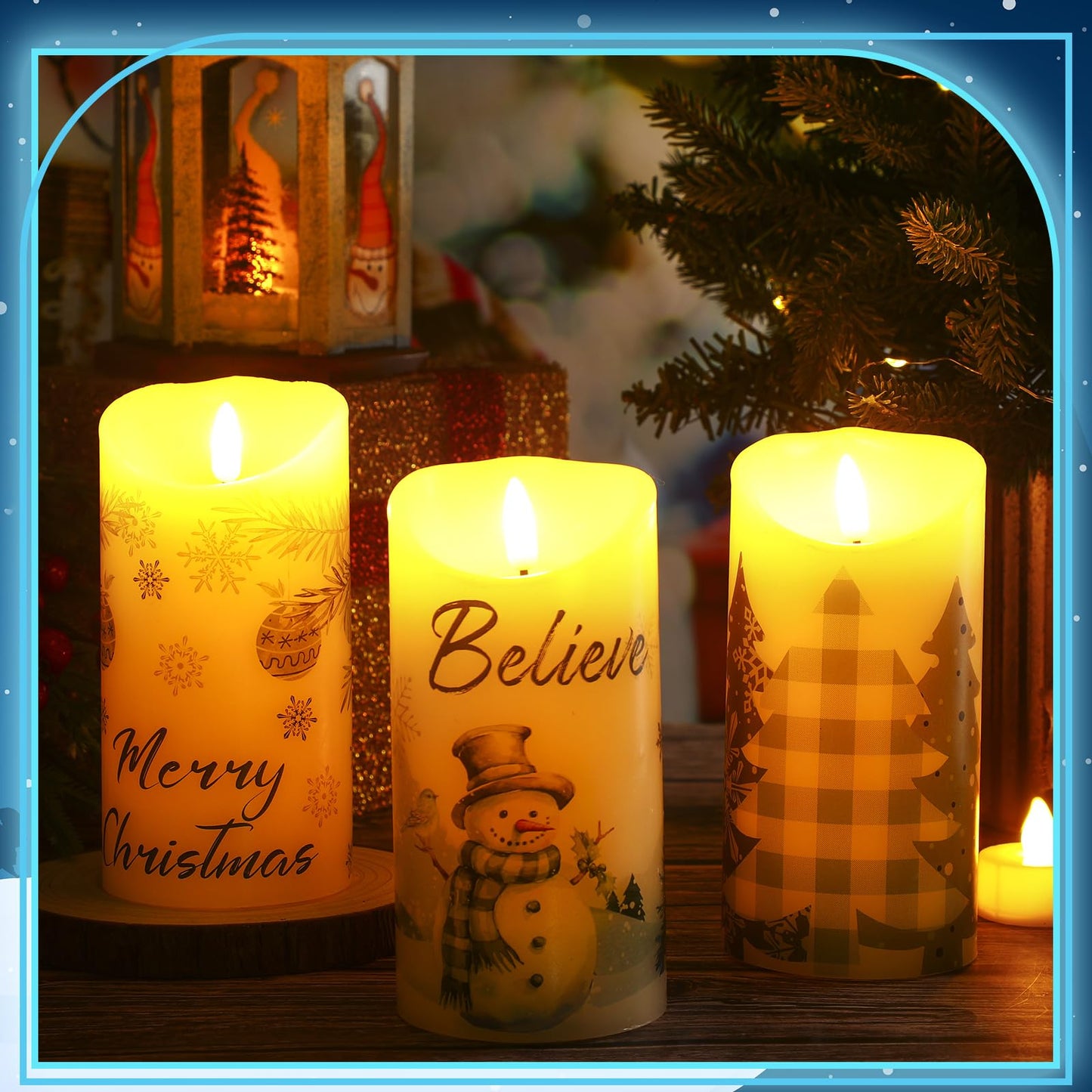 ROCEEI 3 Pcs Christmas Snowflake Style Candles Battery Operated LED Candles Winter Christmas Snowflake Style Pillar Flickering Real Wax Decorations for Indoor Table Decor Xmas Gifts Holiday Party
