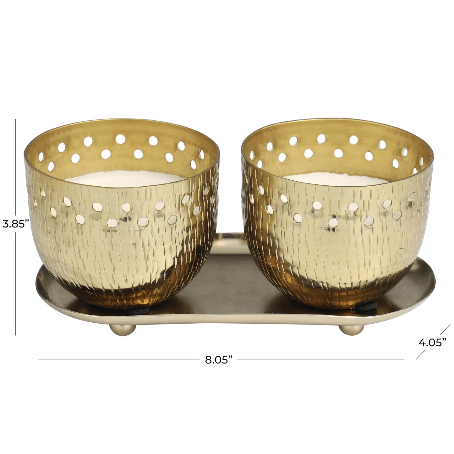 Deco 79 Metal Decorative Candle Jasmine Scented Cutout Spotted 7 oz 1 Wick Aromatherapy Candle with White Wax, Set of 2 Wax Aromatherapy Candle 8" W, 4" H, Gold
