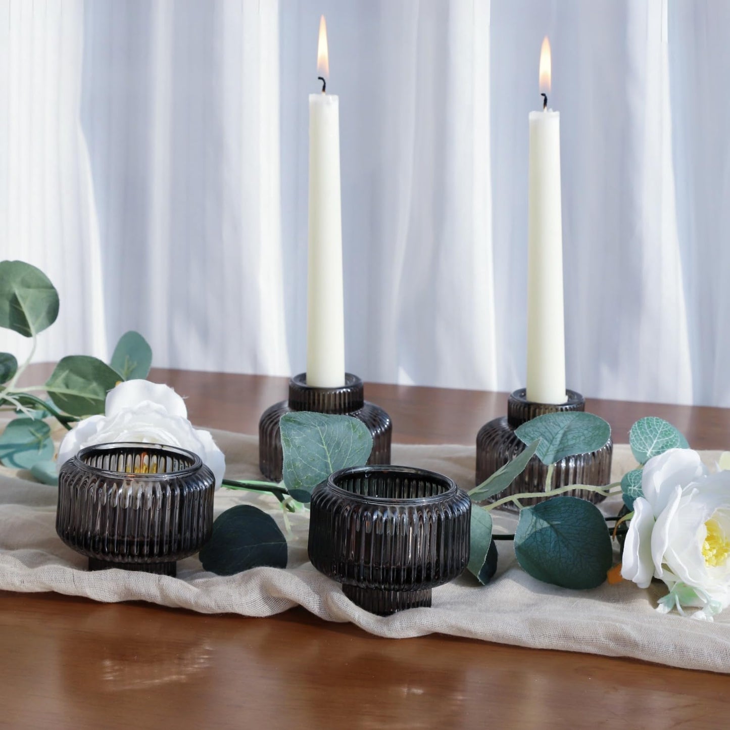 Woho Smoky Grey Candlestick Holders Set of 4 for Votives/Tea Lights, Ribbed Glass Taper Candle Holders for Table Centerpiece, Reversible Candle Sticks Holder Decor for Daily Home Decor