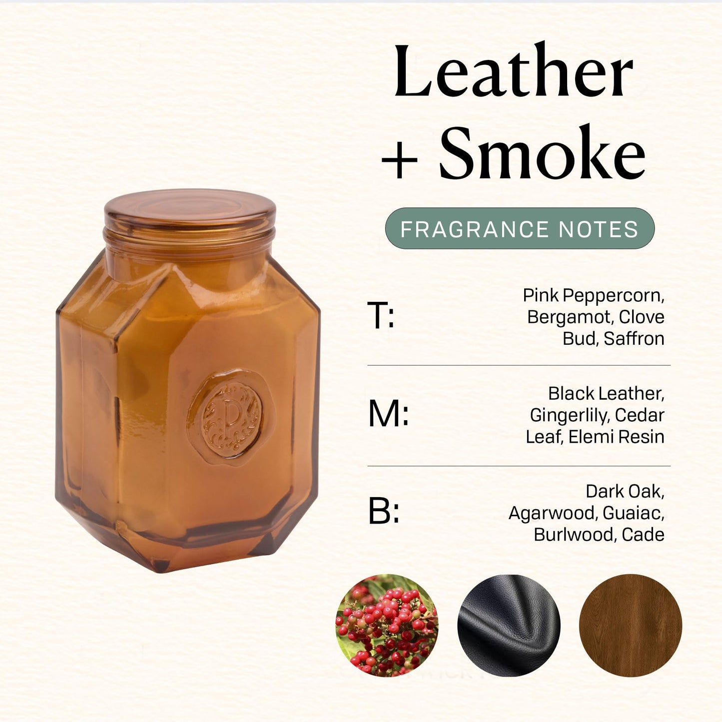Paddywax Botanica Scented Candle with Lid in Reusable Embossed Glass Jar, Clean-Burn Soy Candle with Approx. 56 Hour Burn Time, Leather & Smoke, 8 oz