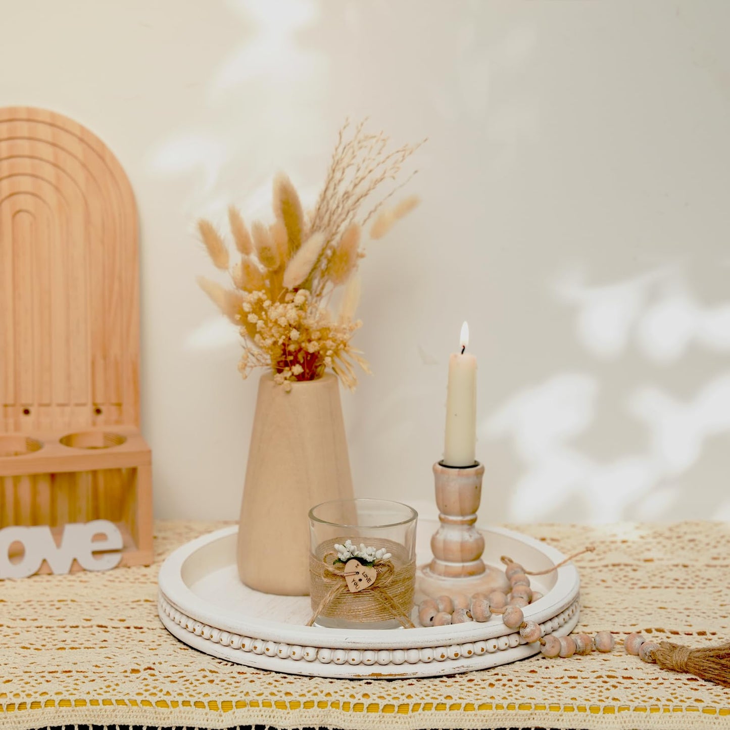 Farmhouse Wood Tray Candle Holder - Romadedi Bead Round Wooden Decorative Tray for Coffee Table Decor Serving Trays Kitchen Counter Rustic Centerpiece for Living Room Home Organizer, White Washed