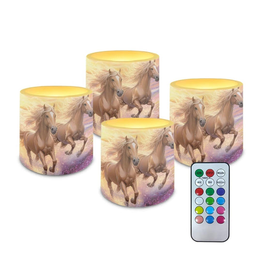 NETILGEN Running Horse Print Flickering Flameless LED Candles Pack of 4 Color Changing Battery Operated LED Pillar Candles with Remote Timer Control