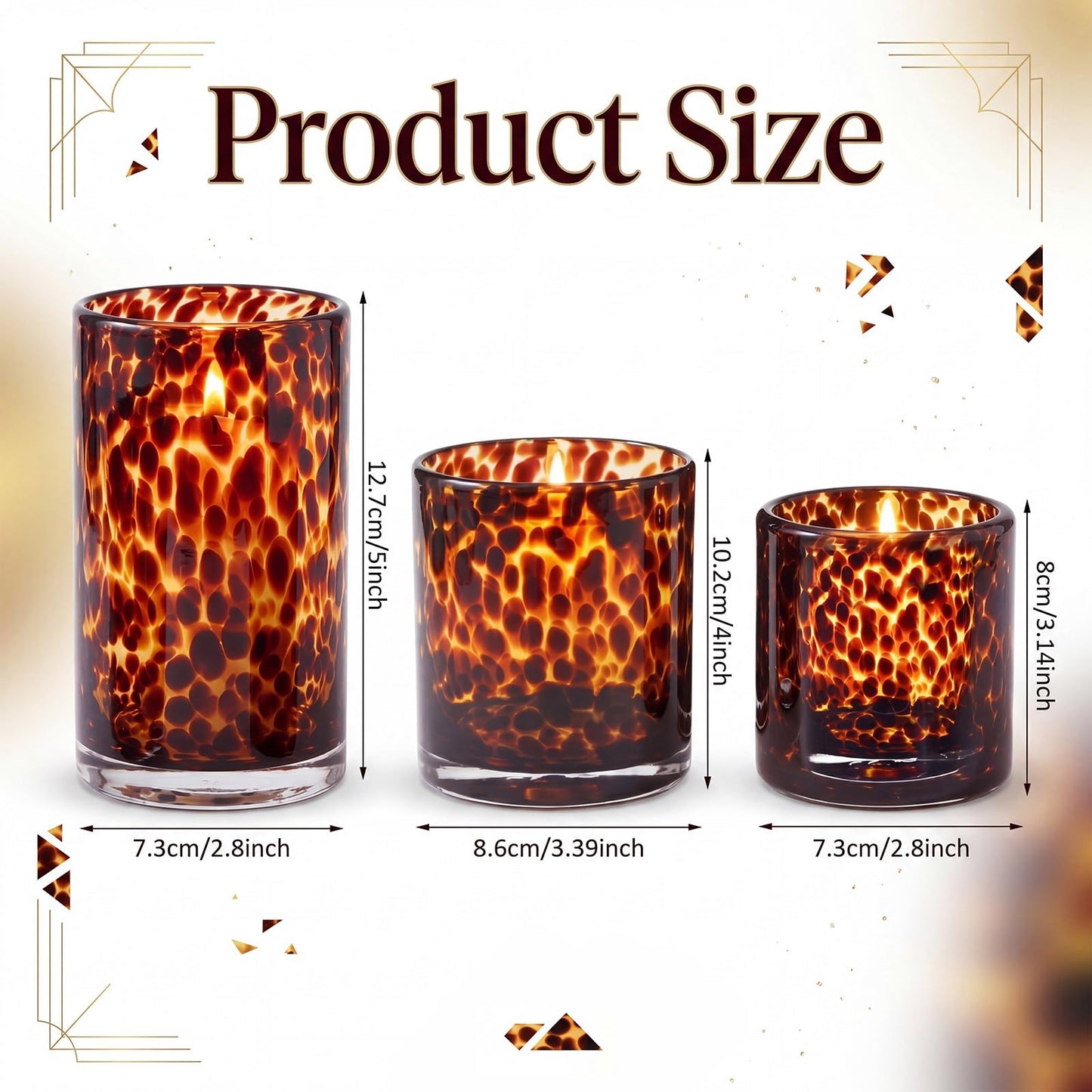 Potchen Set of 3 Tortoise Shell Glass Candle Holder Vase Set 3/4/5" Tealight Pillar Candle Holder Leopard Print Tortoiseshell Cheetah Animal Print for Table Decoration Centerpieces Home Dining Party