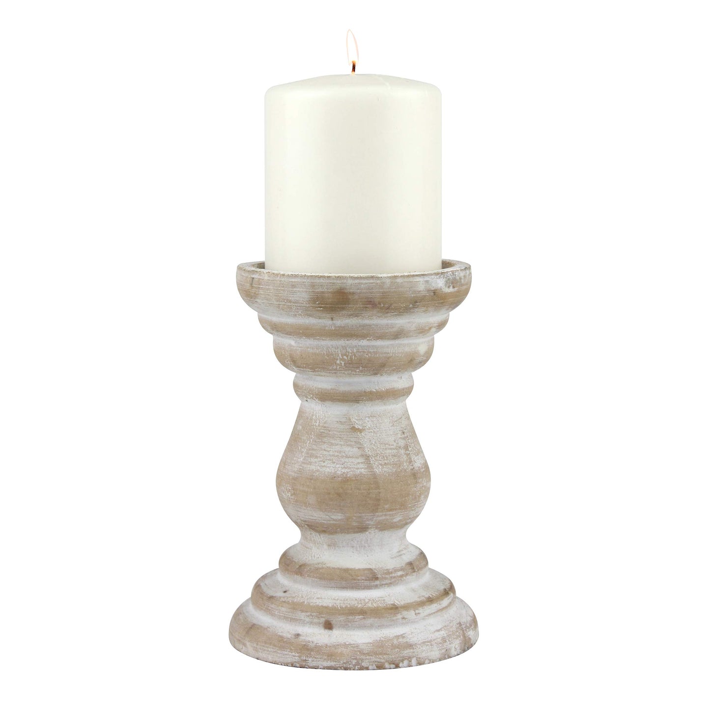 Stonebriar Antique White Wooden Pillar Candle Holder, Vintage Seaside Pillar Stand for Dining Table Centerpiece, Coffee Table, Mantel, Or Any Table Top, Medium