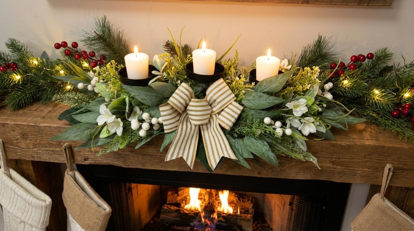 Candle Holder Centerpiece for Table,3 Wick Candle Holder with Artificial Gypsophila Flower,Artificial Eucalyptus Leaves Magnolia Holly Berries and Striped Bow for Table Centerpiece Decor,Dining Room