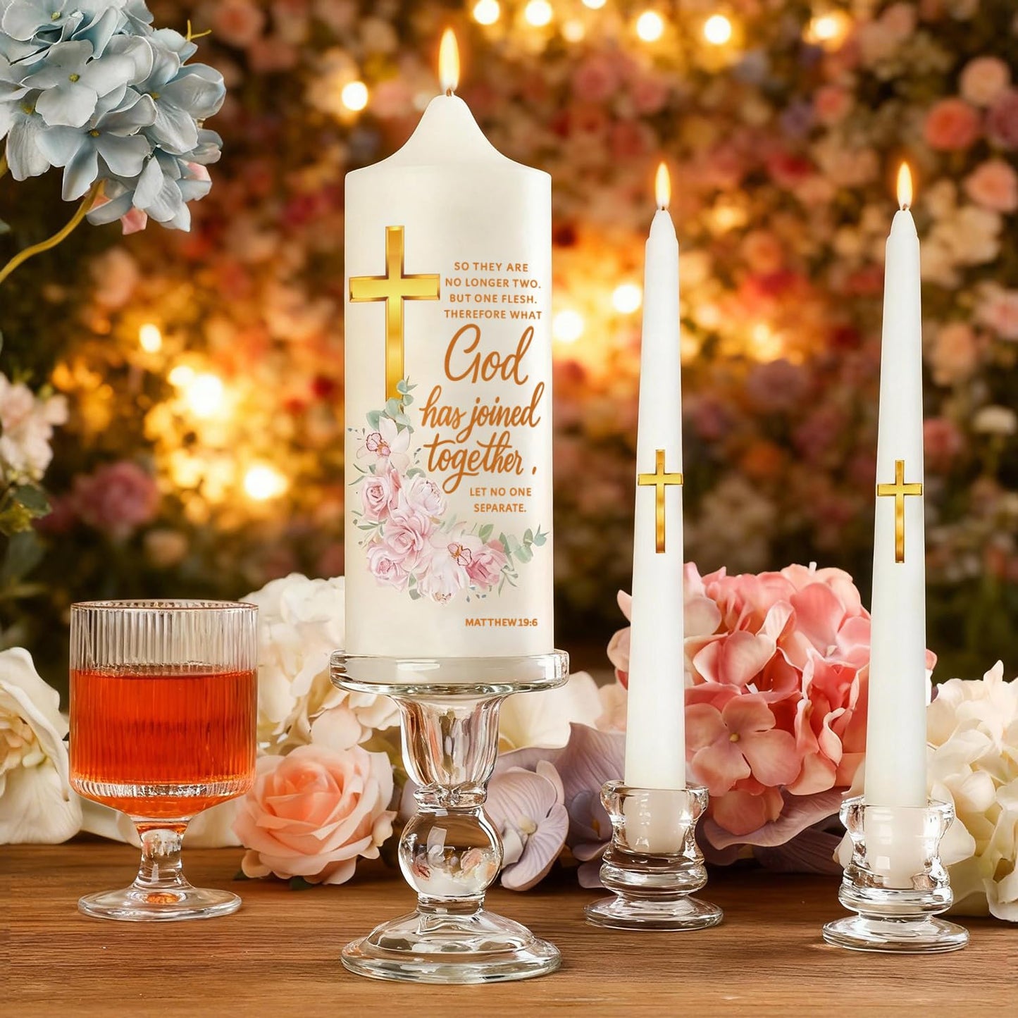 Musgsfbbs Wedding Candles for Ceremony with Glass Holders, Unity Wedding Candle Set with Matthew 19:6 & Gold Cross, Floral Pillar Candles for Catholic Wedding, Anniversary & Vow Renewal