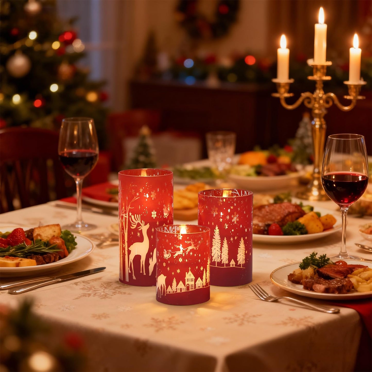 DRomance Christmas Flameless Candles Battery Operated with 10-Key Remote and Timer 3D Wick Flickering Electroplating Glass Reindeer LED Candles Indoor Holiday Decorations(Red, 3" D x 4", 5", 6" H)
