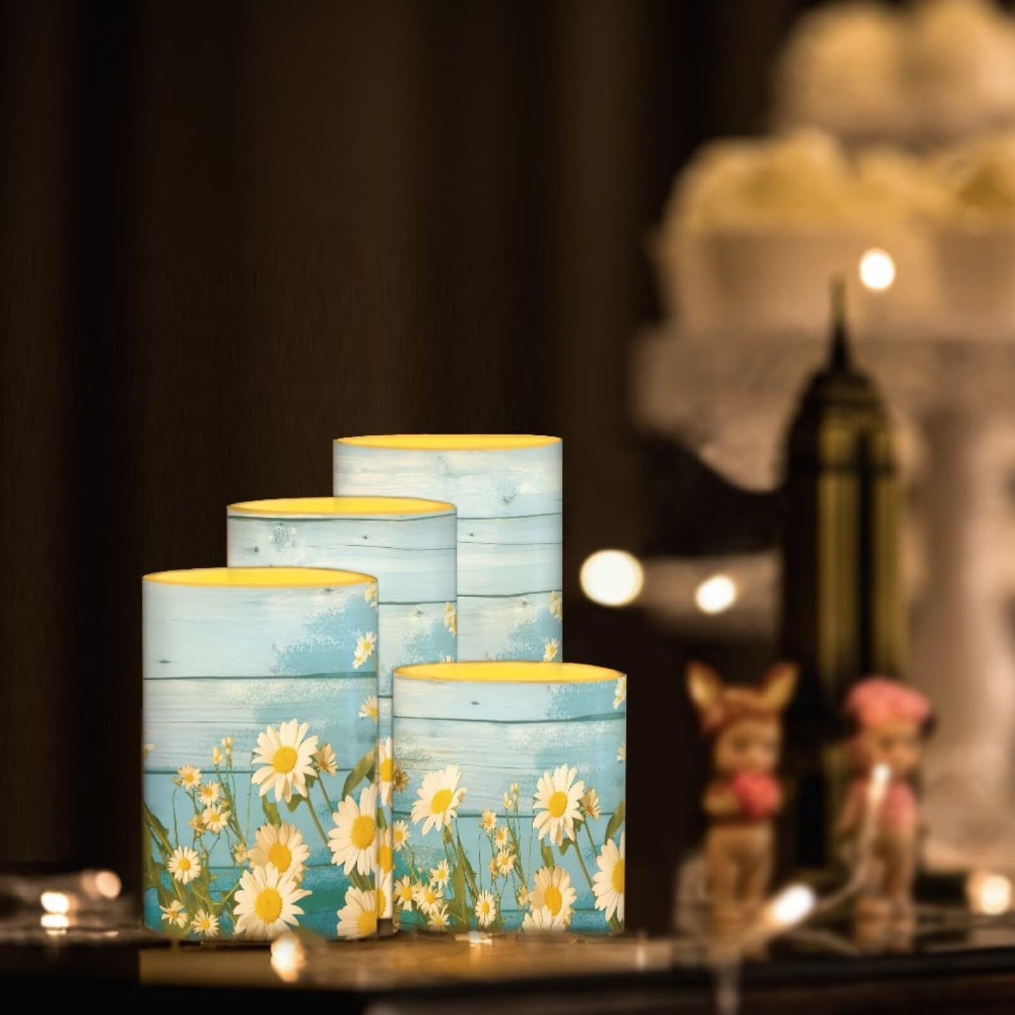 NETILGEN Blue Daisy Flower Flameless LED Candles with Remote Timer Control, Color Changing Flickering Pillar Candles Battery Operated