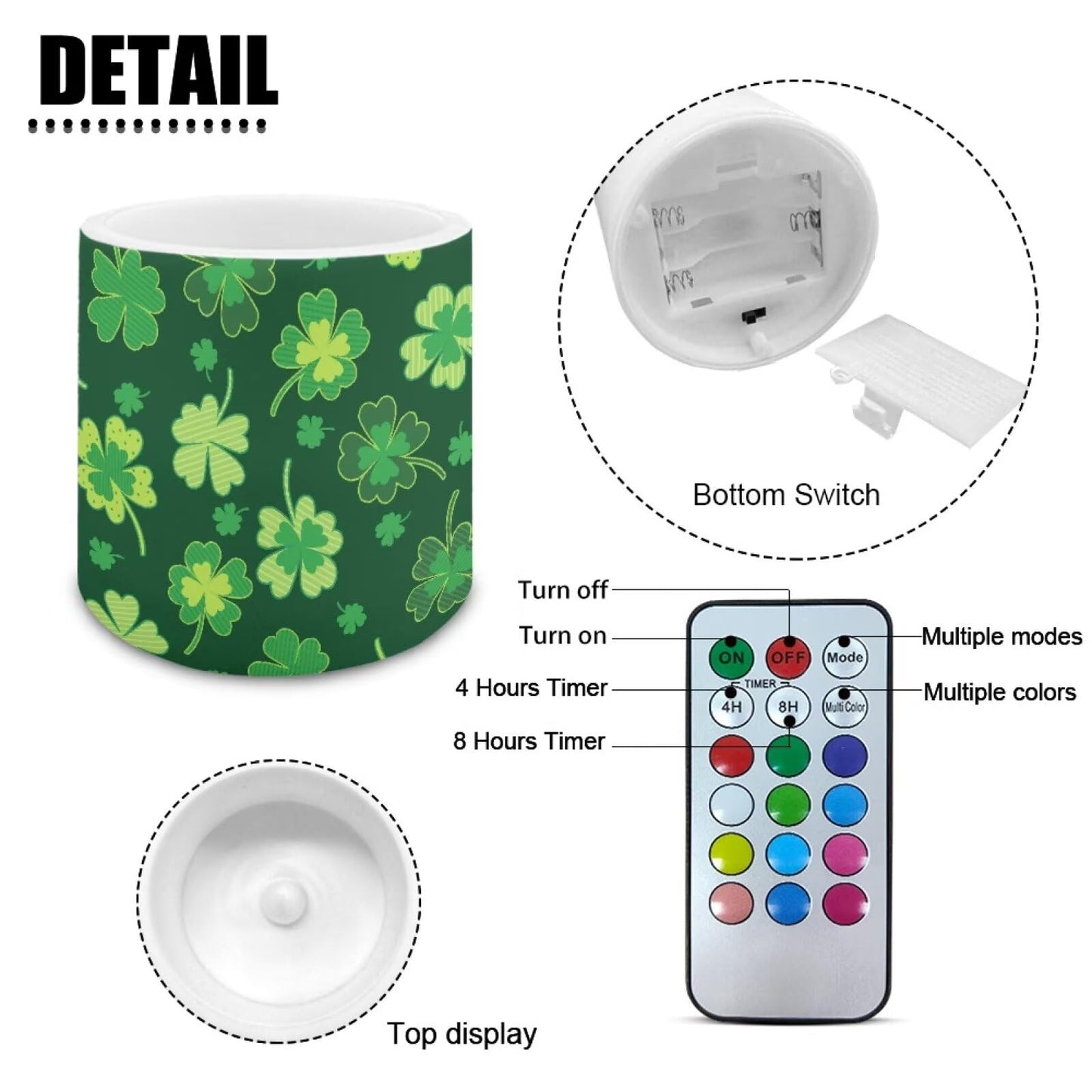 Merkmak St Paddy's Day Shamrocks Flameless Candles with Remote and Timer Battery Operated Flameless LED Pillar Candles for Party, Banquet, Home Decoration Battery Tealights