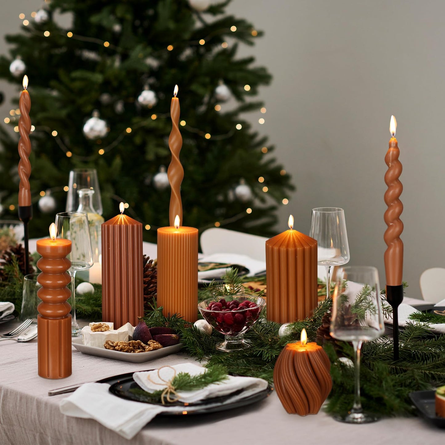 Nuanchu 9 Pcs Modern Decorative Candles Set 5 Pillar Aesthetic Ribbed Candles 4 Spiral Taper Twisted Candlesticks Scented Smokeless Soy Wax for Wedding Holiday Dinner Home Decorations(Brown)