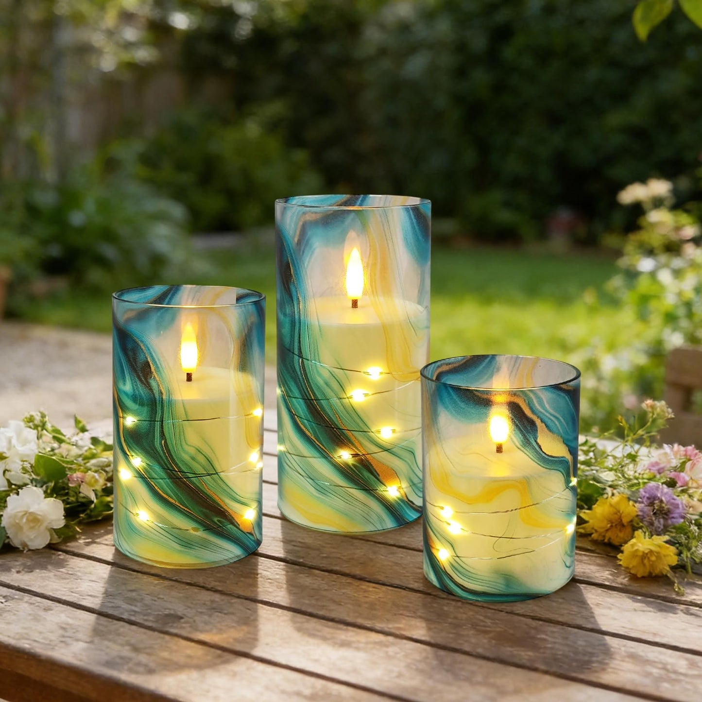 NjaoHoo Flickering Flameless Candles, Recessed String Light LED Candles 3D Wick Acrylic Battery Operated LED Pillar Candles with Remote and Timer for Modern Simple Home Decor Set of 3(Marble Printed)