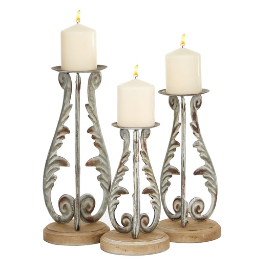 Deco 79 Metal Solid Candle Holder, Set of 3 14", 12", 10"H, Silver
