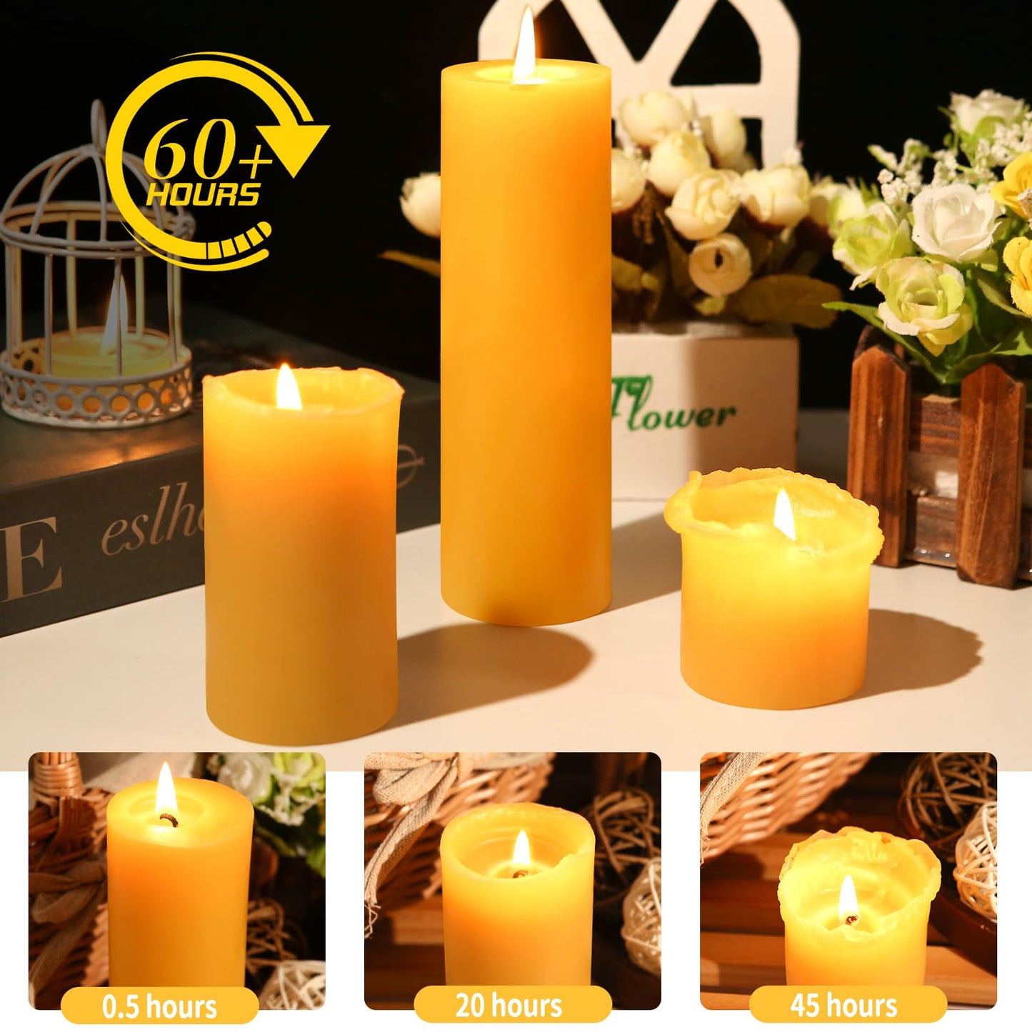 3 Pack Natural Beeswax Pillar Candles 2x6in,360 Hours Long Burning Unscented Beeswax Candles,100% Pure Bees Wax Candles for Home,Emergency,Dripless Pillar Candle Bulk