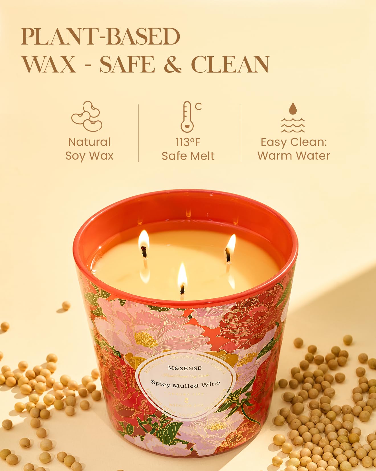 M&SENSE Spicy Mulled Wine Scented Candle, 28.2oz 3 Wick Natural Soy Wax Large Candles, Long Lasting Clean Slow Burning No Toxic Décor for Home Relaxation, Romantic Dates & Gift-Giving