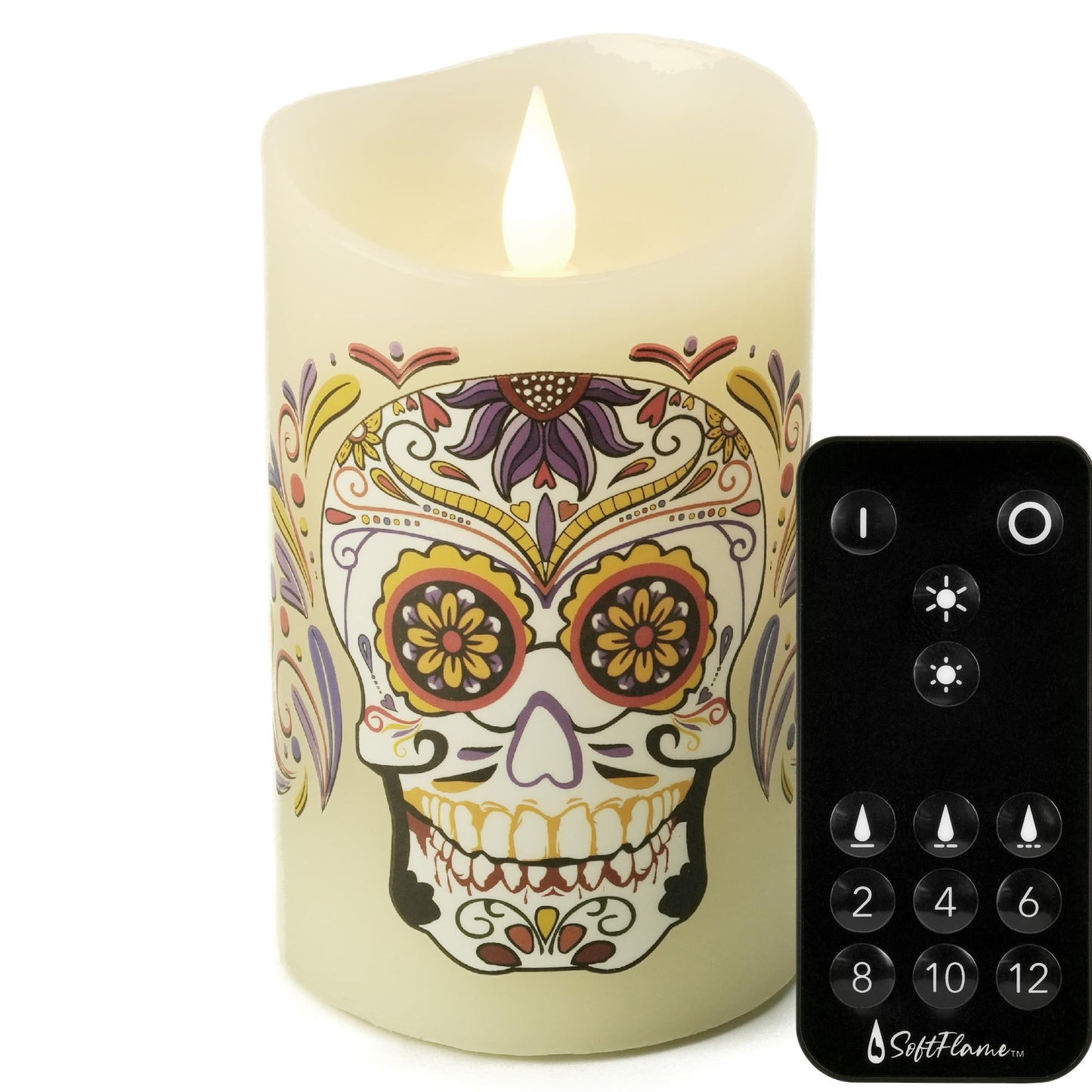 Softflame Halloween Flameless LED Candles with Remote Control, 3"x 5"Battery Operated Pillar Real Wax with Timer for Halloween Decorations, Sugar Skull Candle