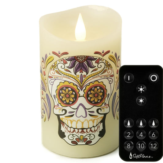 Softflame Halloween Flameless LED Candles with Remote Control, 3"x 5"Battery Operated Pillar Real Wax with Timer for Halloween Decorations, Sugar Skull Candle