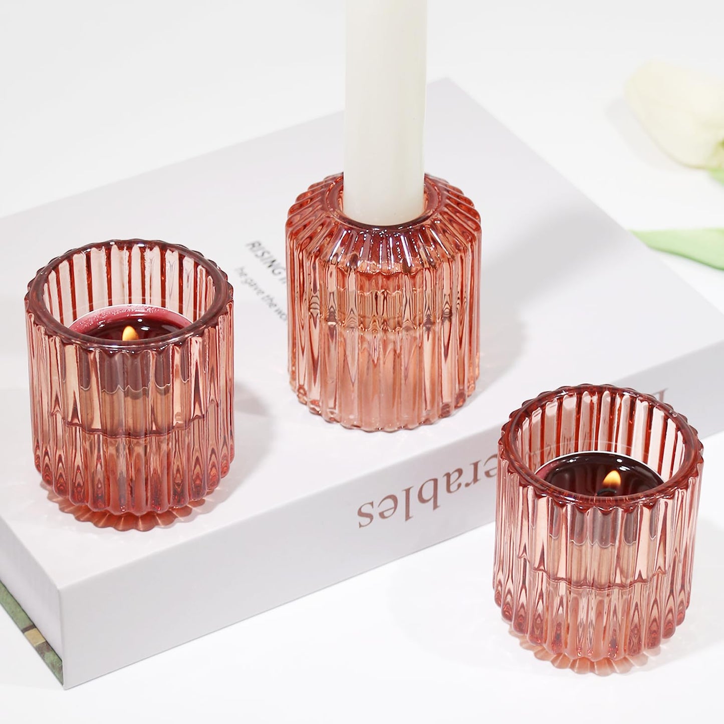 CHOCSTAY Reversible Rde Glass Candle Holder Set of 6, Thick Heat-Resistant Glass Candlestick Holders for Taper, Tealight, Votive, LED Candles, Perfect for Wedding, Party, Home Décor