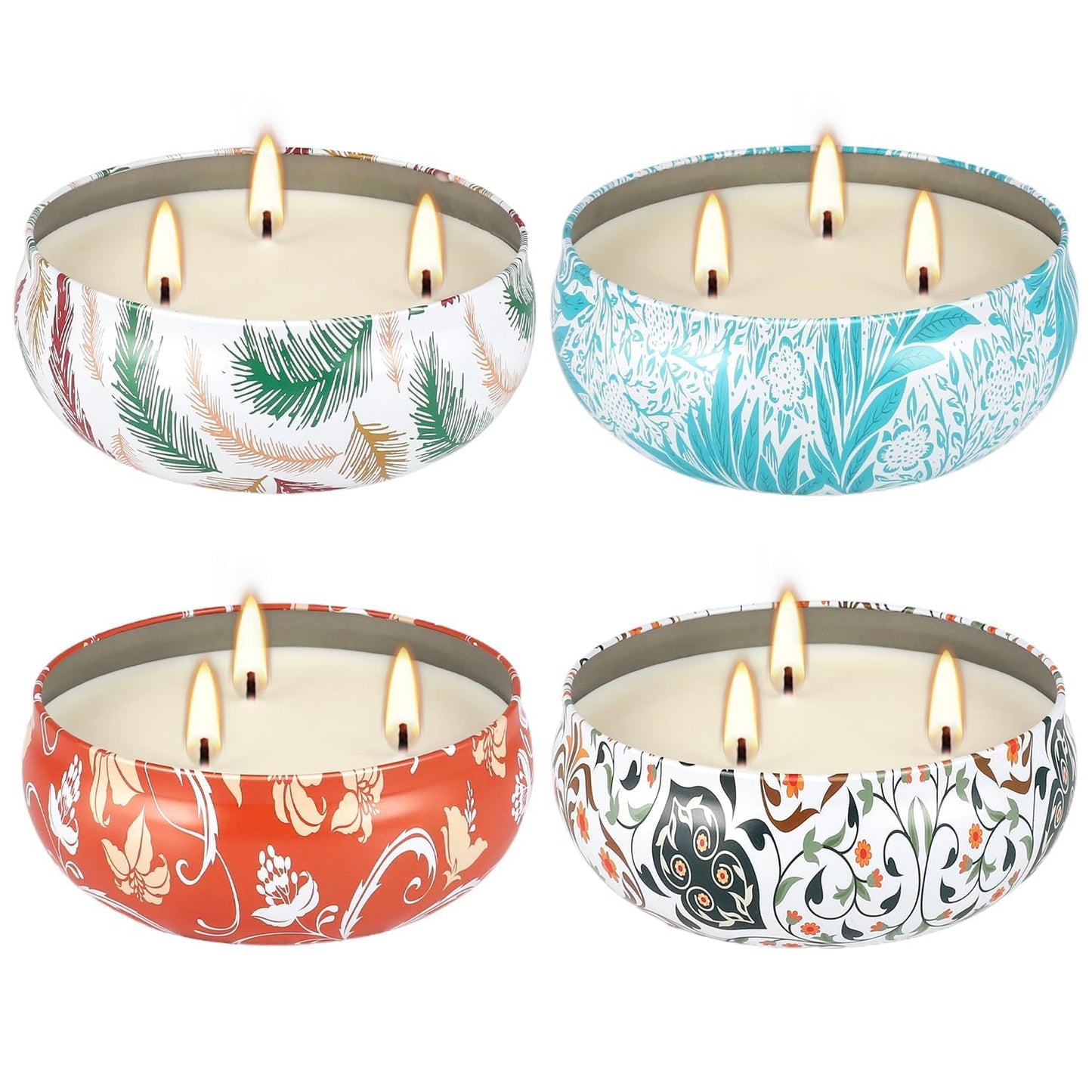 4-Pack Citronella Candle Set in Decorative Tropical Flower Tin Boxes - 3-Wick Functional Decorative Candles for Indoor & Outdoor Use - Perfect for Camping, Travel, BBQ, Picnics, and Mother's Day Gift