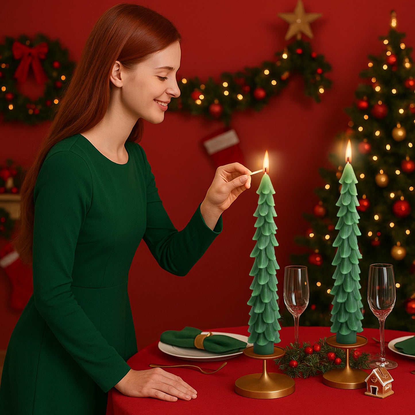 Shupakul 4 Pcs Christmas Tree Taper Candles-10 Inch Unscented Tree Shaped Taper Candle-Green Christmas Decorative Tree Candles for Home Decor Party Centerpiece Decoration
