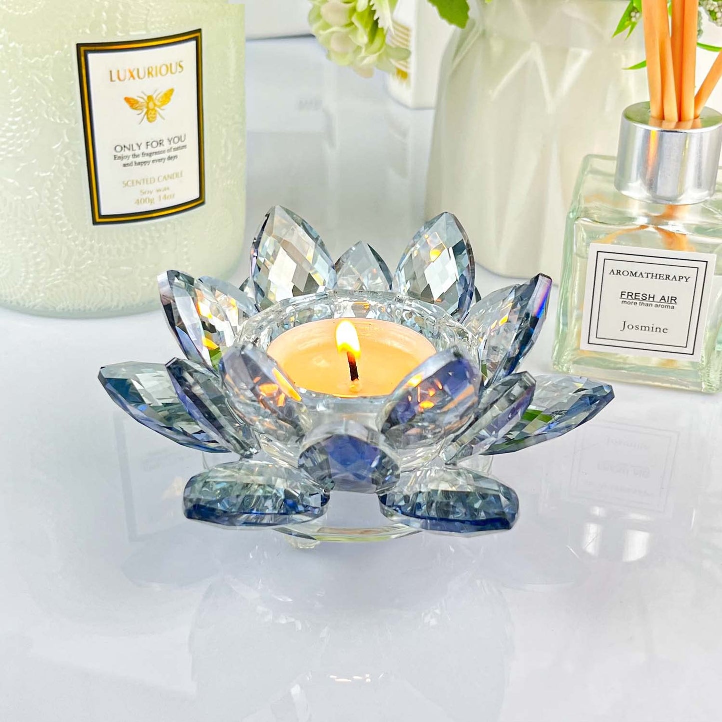 Kolnlala Crystal Lotus Flower Tealight Candle Holders/Glass Tea Light Candlestick Decor Decoration for Christmas Home Wedding Party… (Blue 2pcs)