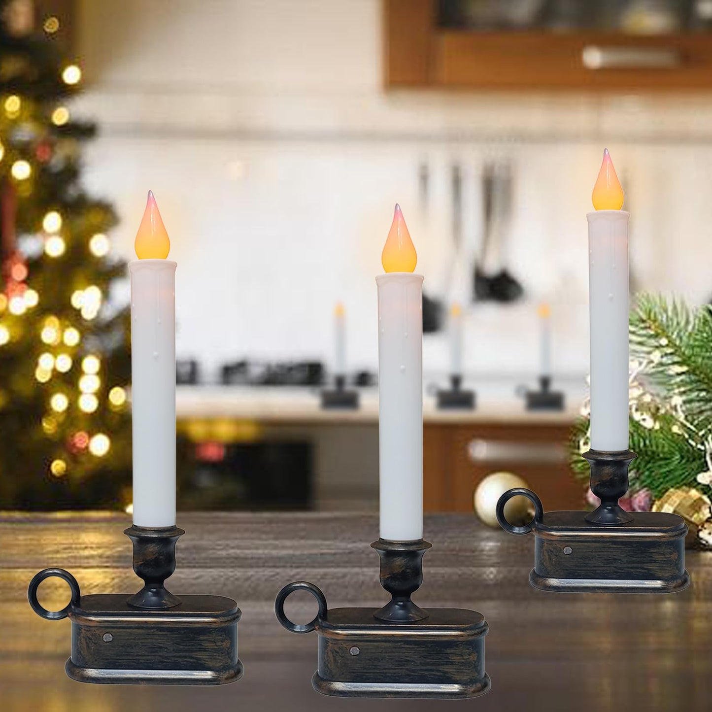 SUNSGNE Battery Operated Window Candles, Flameless Window Candles with Sensor Dusk to Dawn for Holiday Home Table Christmas Decor, 4 Pack, Antique Bronze Base