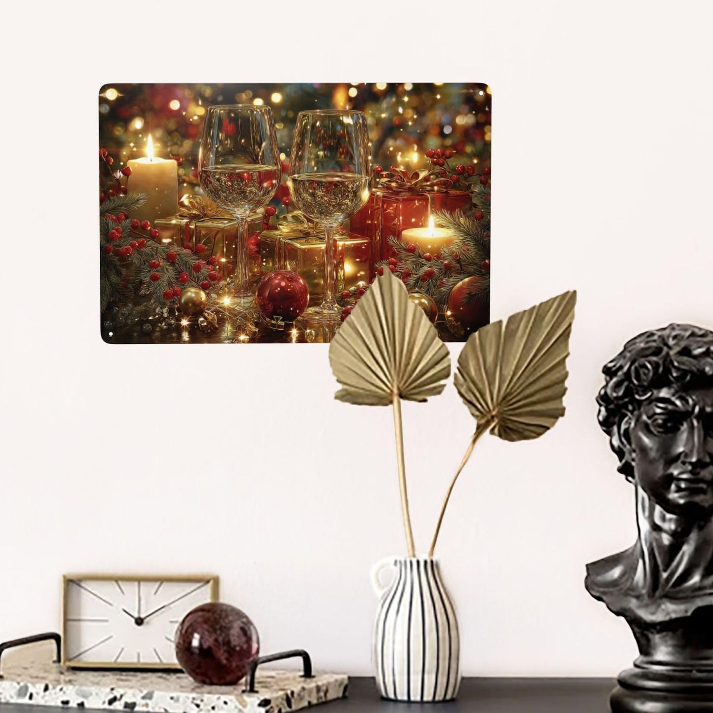 MA6GE8DE Festive Wine Glasses With Candles, Red Berries, Gold Gifts, Sparkling Bokeh, 6x8 Inch Metal Tin Plaque Sign, Ideal For Living Room And Kitchen Restaurant,Create A Festive Atmosphere