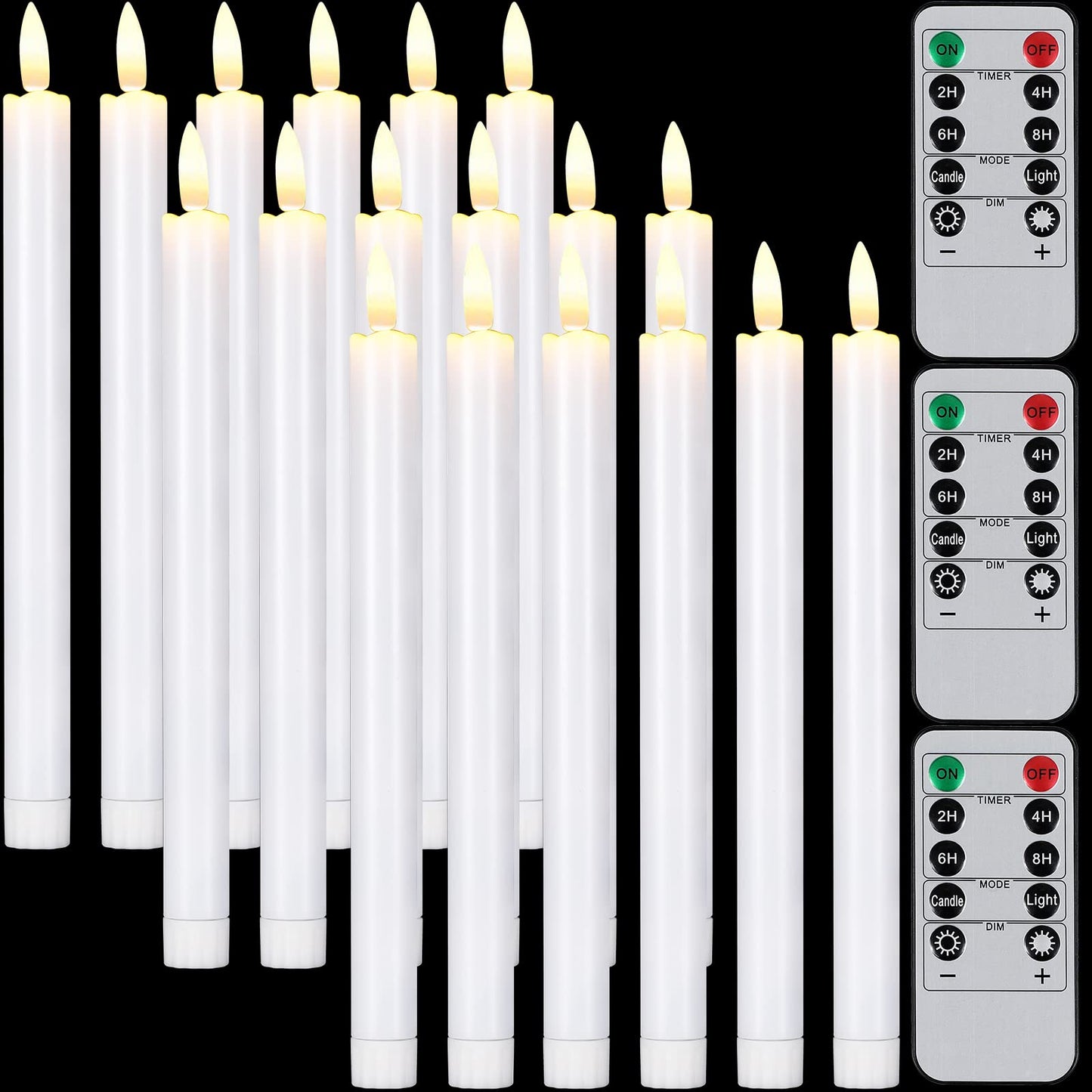 Tuanse 18 Pcs White Flameless Taper Candles with Remote Timer, Dimmer, LED Flickering Candlesticks Battery Operated 10 Inch Window Candles for Wedding Church Home Xmas Party Decor