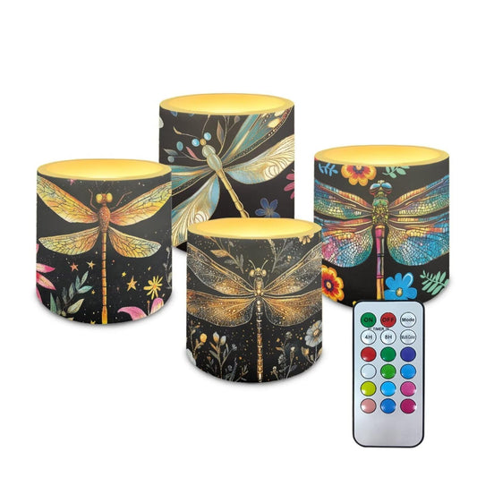 NETILGEN Vintage Flower Dragonfly 4 Pieces Flameless Candles with Remote Timer Color Changing Realistic Flickering Flameless Candles Battery Operated LED Candles