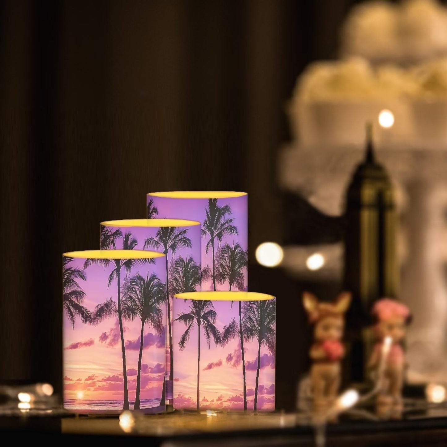 NETILGEN Tropical Palm Trees Purple Sunset LED Flickering Pillar Candles for Home Decor 4 Packs Flameless Candles with Remote and Timer