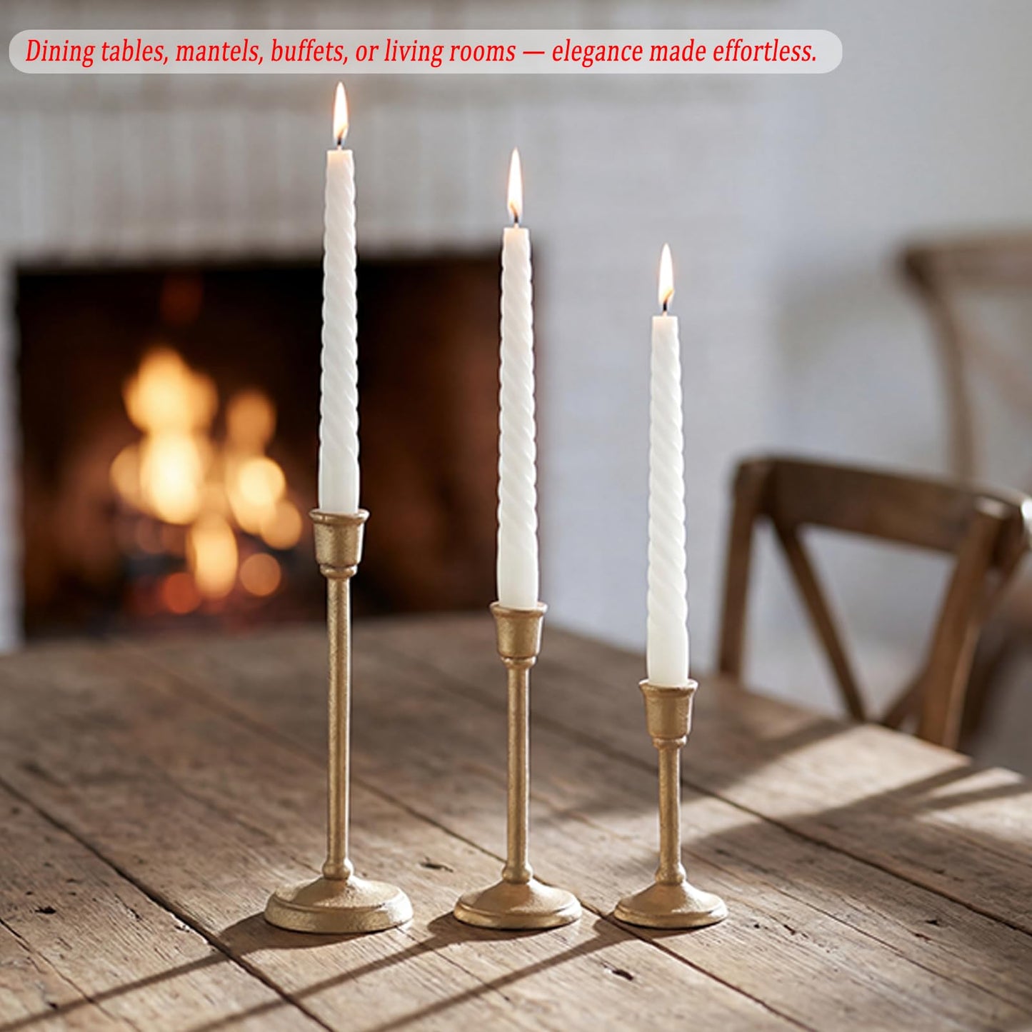 Wenbery Gold Taper Candle Holders Set of 3, Heavy Cast Iron Candlesticks with Antique Brass Finish, Sturdy Candle Sticks for Dining Table, Wedding, Fireplace, Home Decor
