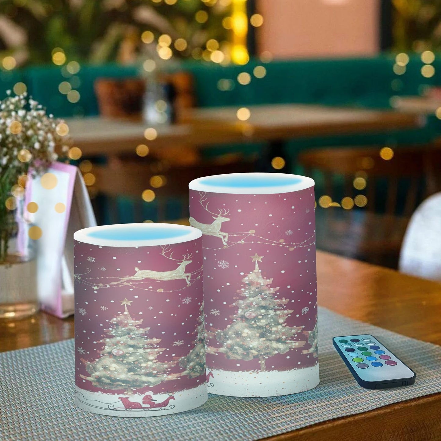 Christmas Lights Flameless Candles Christmas Trees Reindeer Pillar Candles Set of 2 Battery Operated Remote Control Warm Lights Home Decor