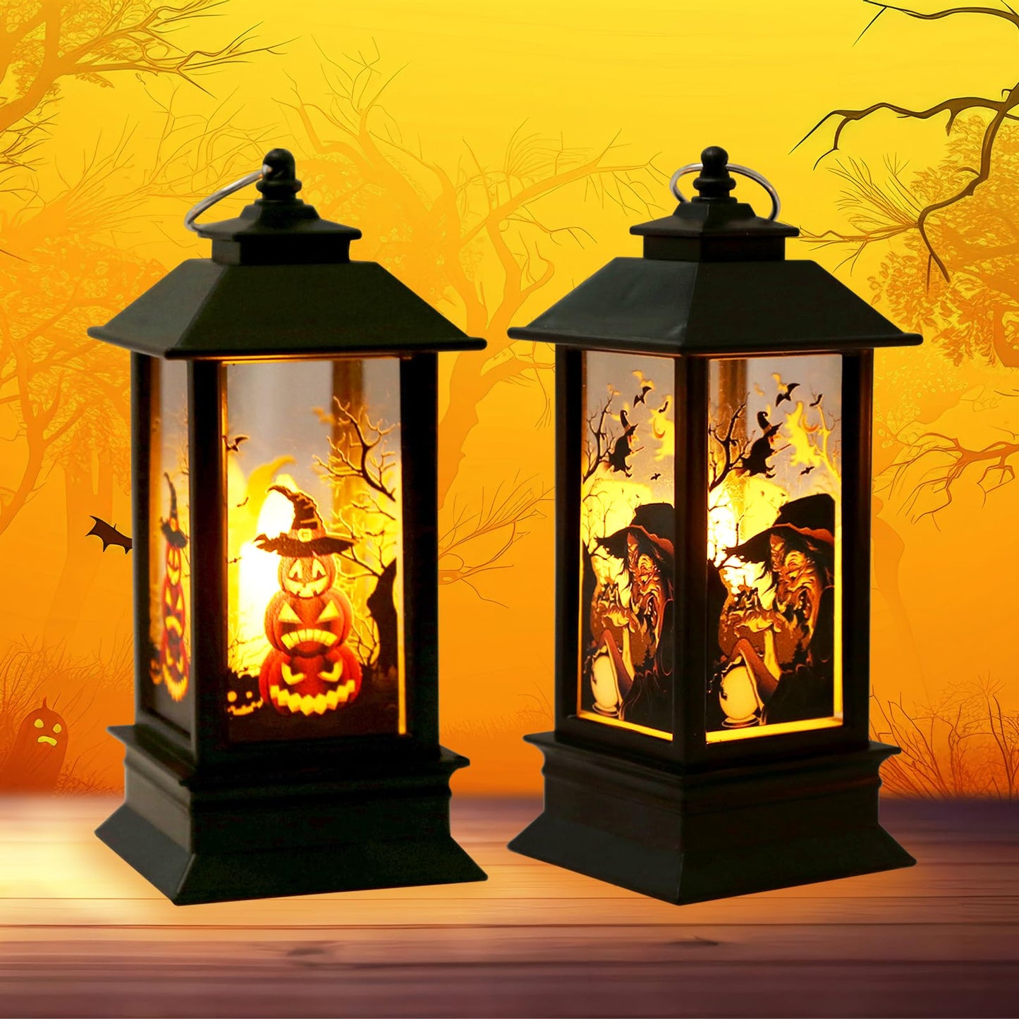 2 Pieces Halloween Lanterns Decoration 5.1" Height Retro Hanging Lamp Halloween Witch Flameless Candle Holder with Transparent Pumpkins Lantern Gift for Home Trick or Treat Party Supplies
