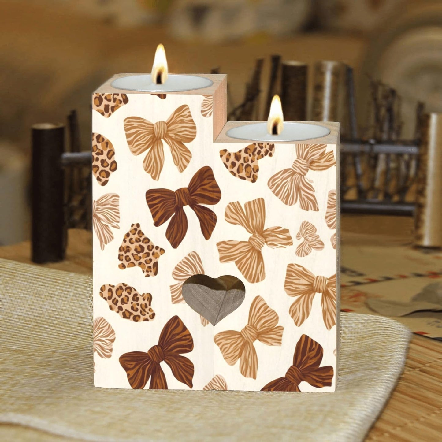 pnyoin Cute Animal Print with Bows Candle Holders Gift for Women Wooden Heart Candlestick Personalized Christmas Birthday Graduation Friendship Gifts Home Wedding Dinning Party Decorative