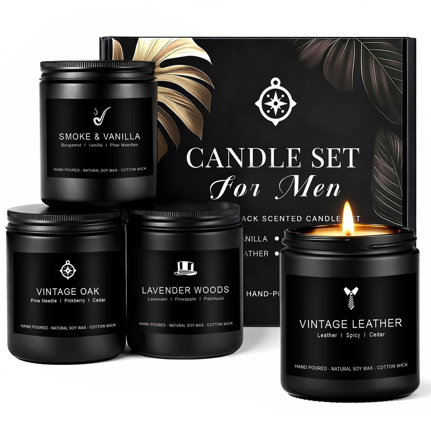 Candles for Men Gift Set, 4 Pack Masculine Scented Soy Candles for Men, Leather, Smoke, Oak & Lavender Scents, Aromatherapy Candle Gift Set for Dad, Husband, Boyfriend, Birthday & Father’s Day