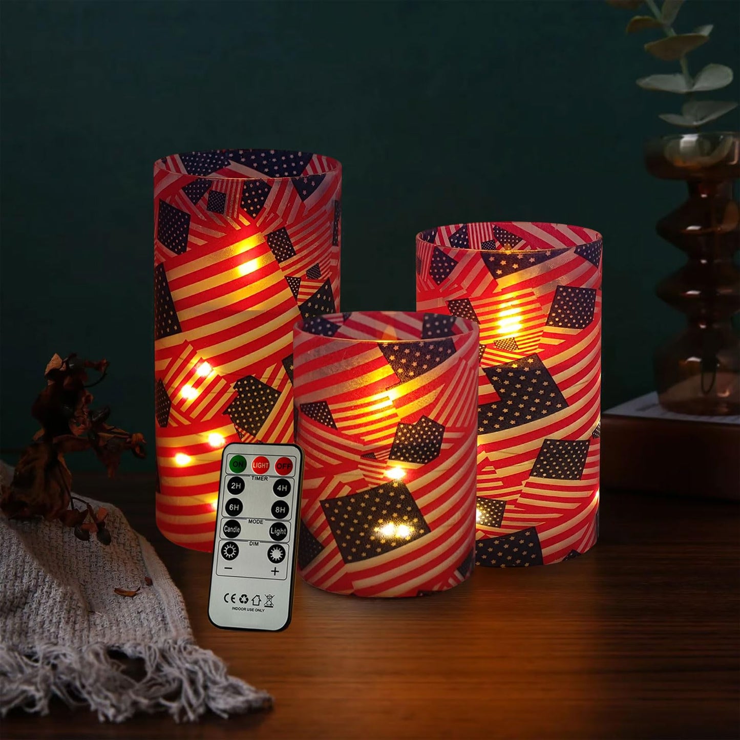 NJAO HOO Flickering Flameless Candles, LED Candles 3D Wick Acrylic Battery Operated LED Pillar Candles with Remote and Timer for Day 4th of July Decor Set of 3(American Flag)