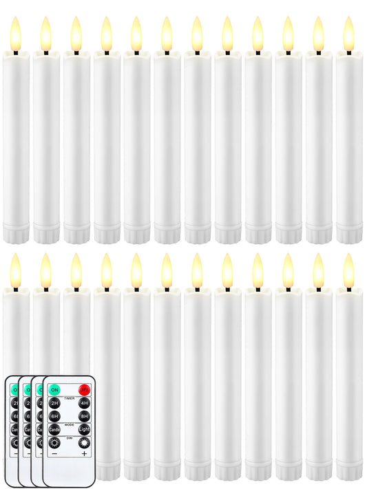 Funtery 24 Pieces 6.5" Flameless LED Taper Candles with Remote Timer Battery Operated Candles Bulk Short LED Candlestick Flickering for Graduation Father's Day Wedding Party Decor(White,Elegant Style)