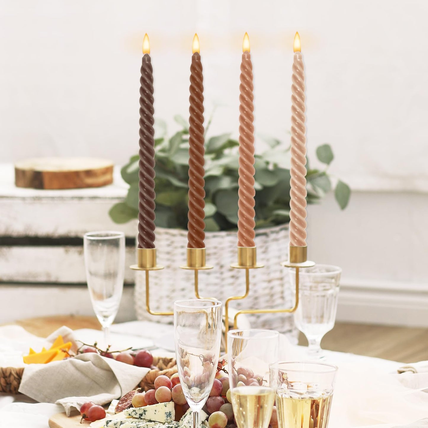 Whaline 8Pcs 10 Inch Gradient Brown Spiral Taper Candles Dripless Twisted Wax Candles Long Unscented Candle Sticks for Wedding Party Home Dining Table Decor