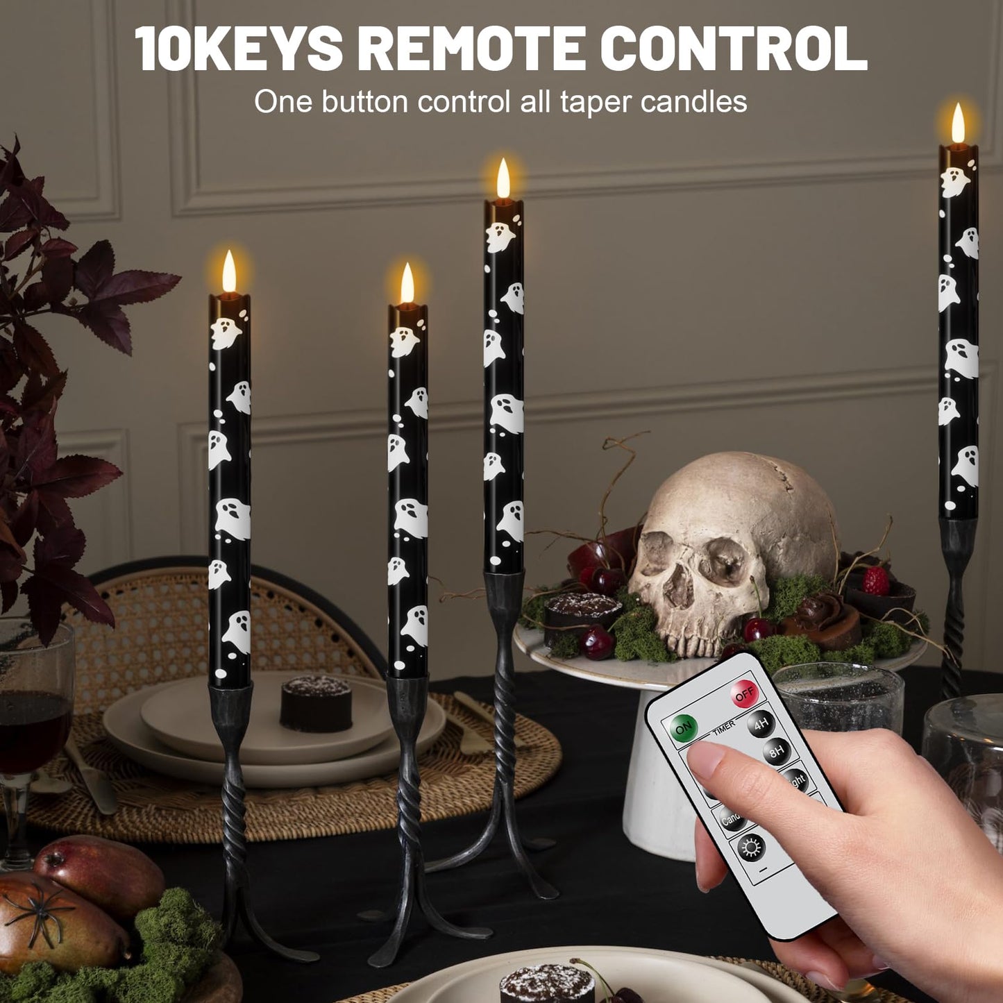 Wondise Black Halloween Flameless Taper Candles with Remote & Timer, Halloween Battery Operated Ghost Candles Waxy with 3D Wick Flickering for Halloween Decorations
