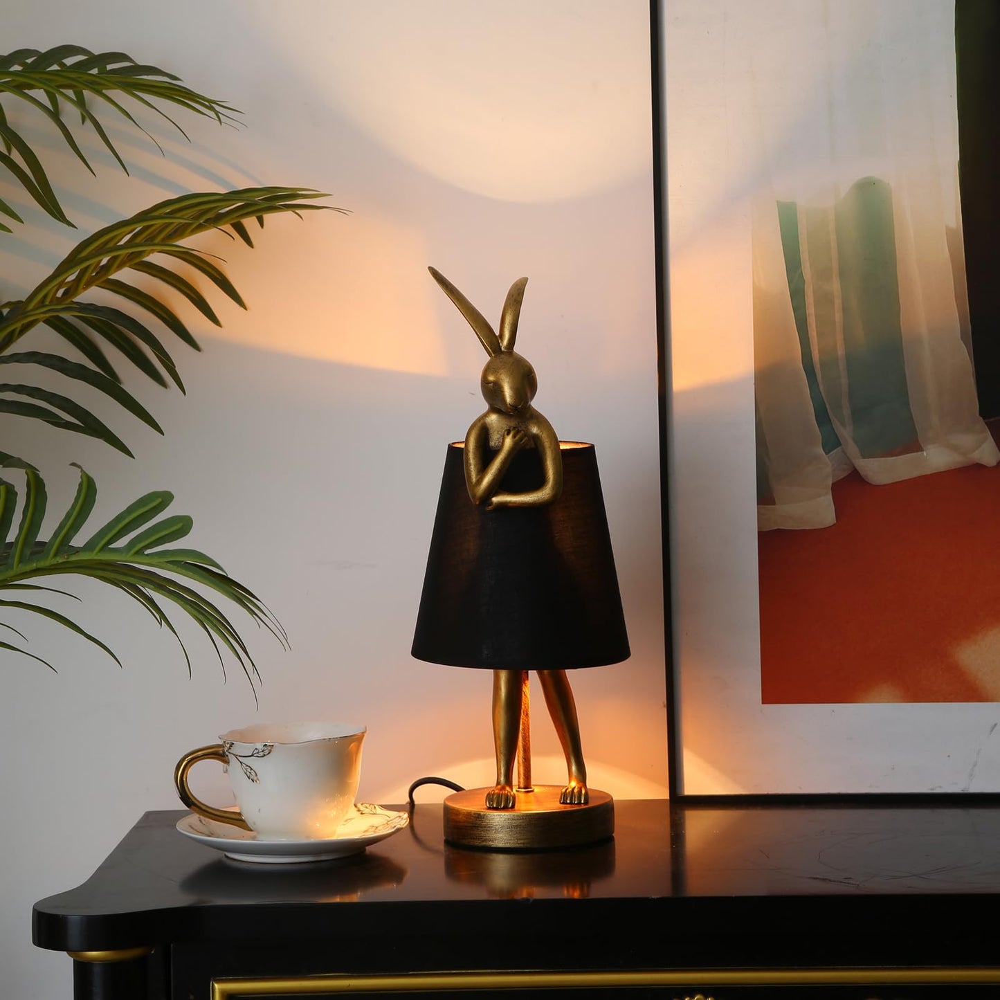 NorDiem LED Bunny Table Lamp, Resin Animal Rabbit Desk Light with Linen Shade, 15.7 Inch Decorative Lamp for Bedroom, Office & Kids Room (15.7" Black Shade)