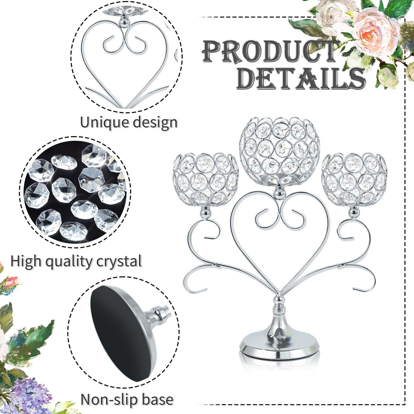 Kehail 6 Pcs Silver 3-Arm Heart Tea Light Candle Holder - Crystal & Metal Wedding Centerpiece Decor, Sparkling Table Decor for Anniversaries/Romantic Tabletop Home/Dinner Party/Events