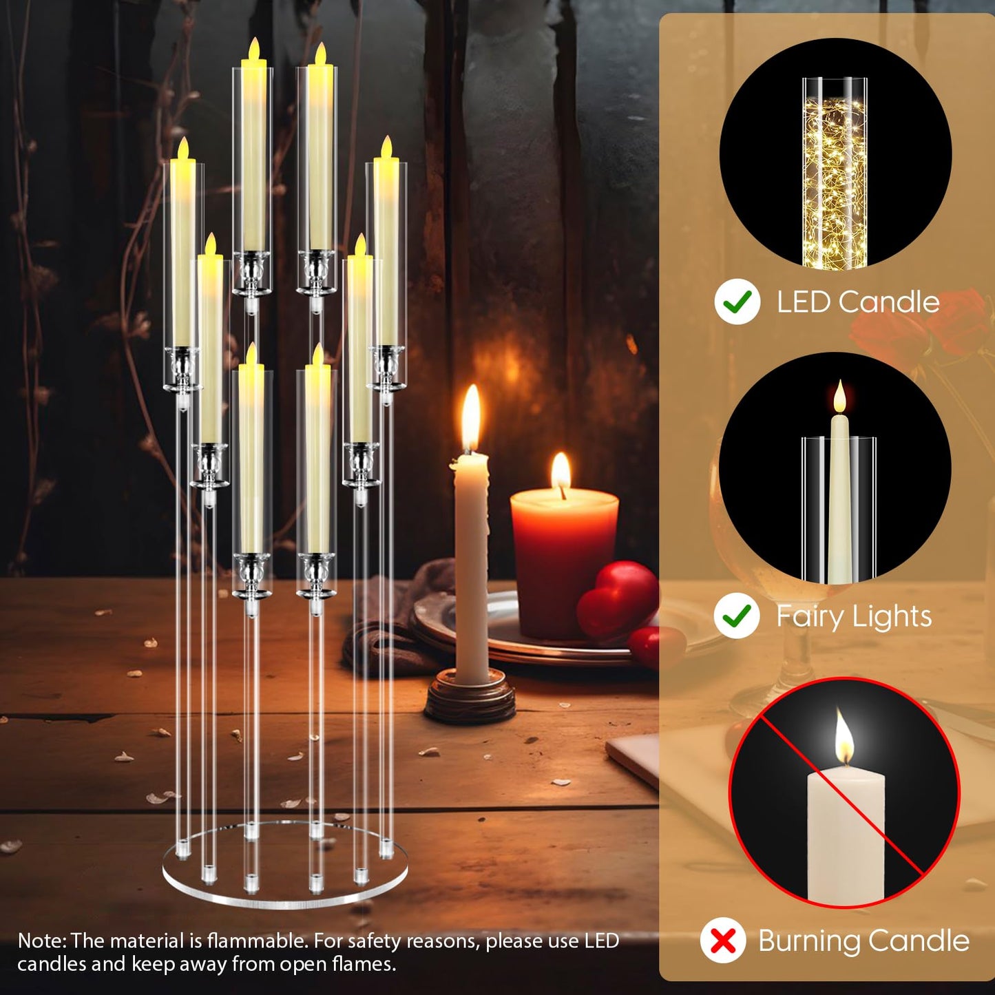 Cheloment 8 Arms Acrylic Candelabra Centerpieces for Tables, 38.5" Tall Clear Candle Holder for Wedding Dinner Party and Home Decor,Candlesticks Holder with LED Candles
