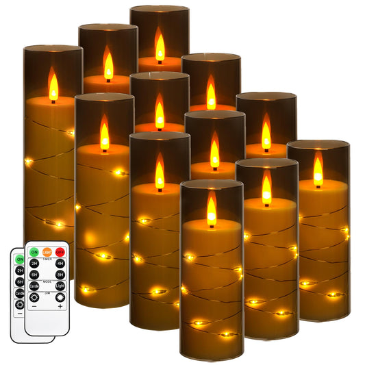 12 Pack Gray Acrylic Flameless Taper Candles, Flickering Black Wick LED Candles with Surrounding Fairy String Lights, Heat Resistant ABS Candles, 2 Remotes, Assorted 5-8 Inch for Indoor Outdoor Decor
