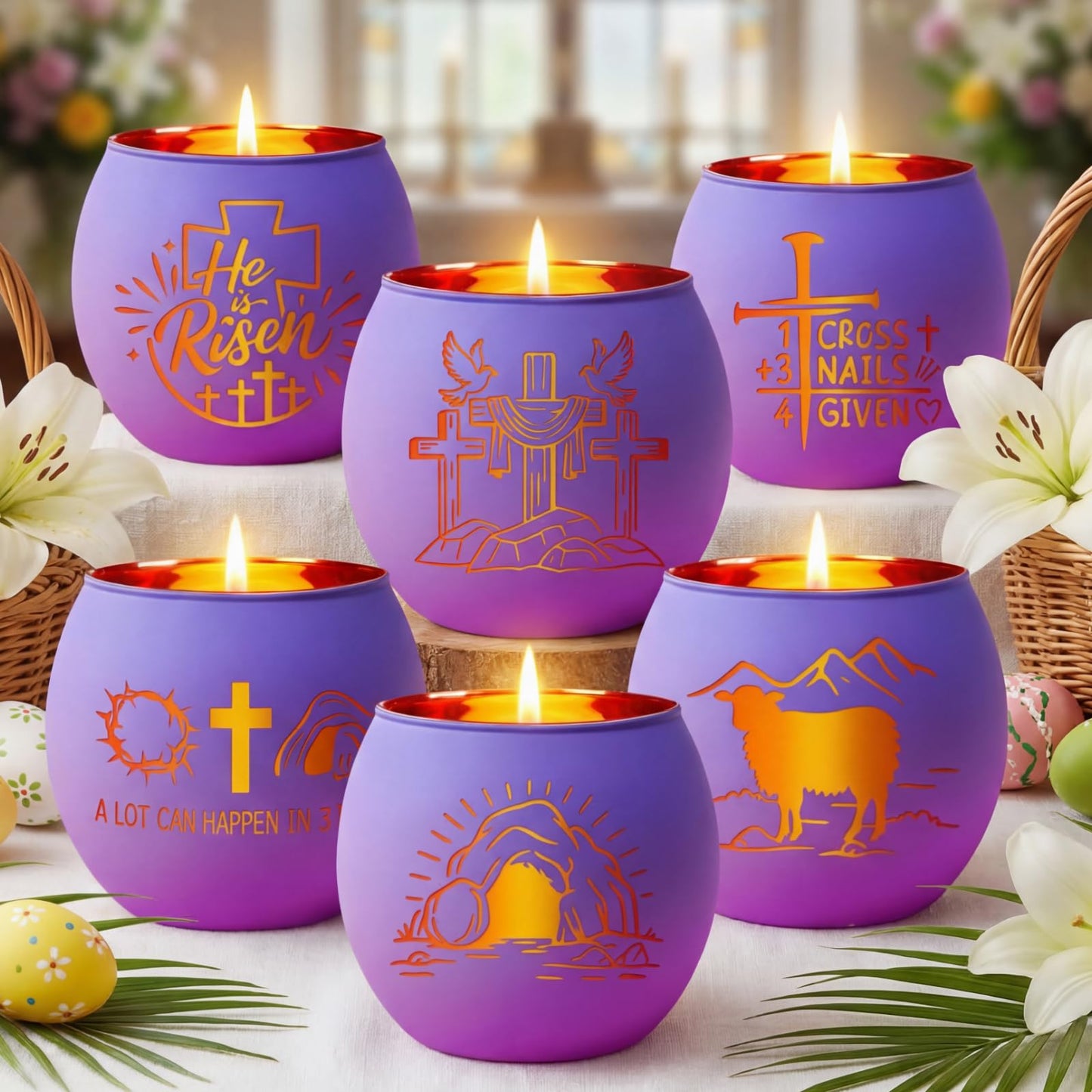 FoldTier 6 Pcs Easter Candle Holders He is Risen Tealight Votive Candle Holder for Table Centerpiece Christian Religious Glass Tealight Votive Easter Tabletop Decor for Home Altar Decoration