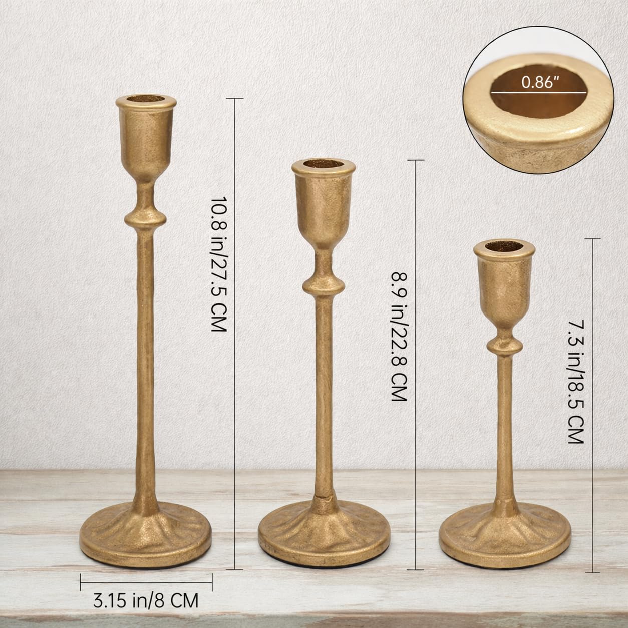 PUKUPIG Candlestick Holders, Set of 3 Taper Candle Holders with Heavy Duty Weighted Base, Matte Brass Gold Metal Stands for Wedding, Mantel & Table Decor, Fits 3/4" & 7/8" Candles
