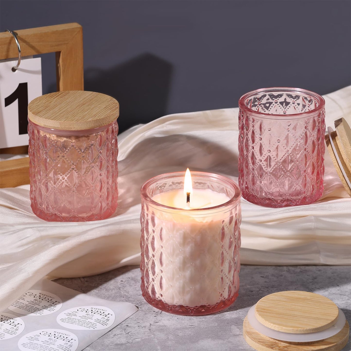 NITIME 15pcs 7.5oz Pink Candle Jars for Making Candles, Glass Candle Vessels with Bamboo Lids and Sticky Labels, Containers for Candle Making Supplies
