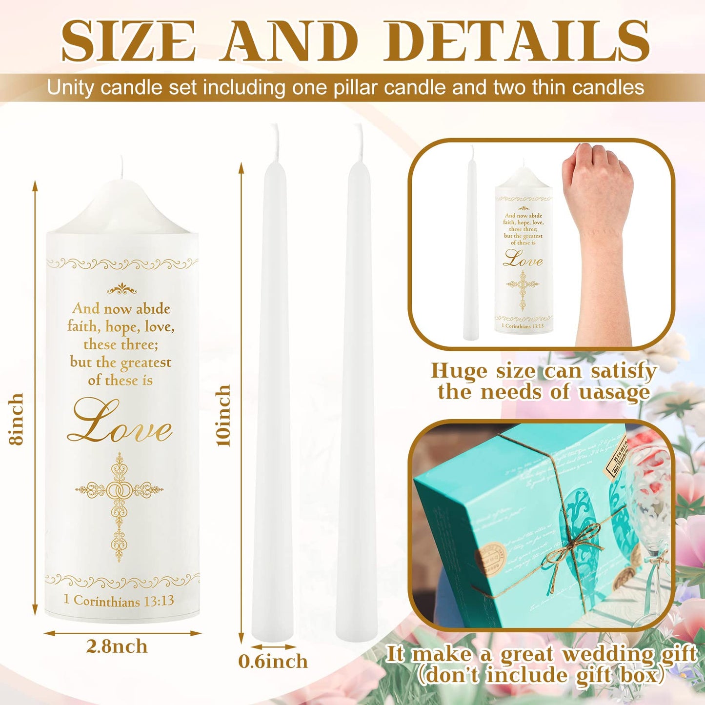 Frienda Unity Candles for Wedding Ceremony Set Wedding Unity Taper Candles Catholic Religious Ceremony Accessories(Charming Style)
