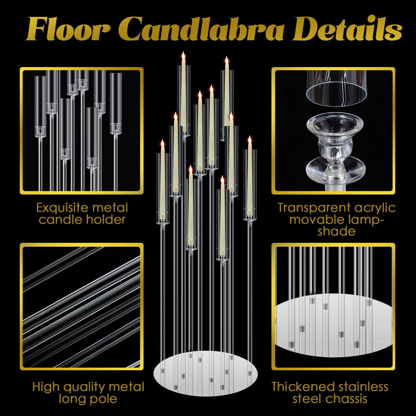 Tessco 4 Pcs 10 Arm 46.5 Acrylic Candelabra Table Centerpiece Floor Candelabras Clear Candle Holder with Removable Lampshade Wedding Candelabra Centerpiece Fit 0.8 LED
