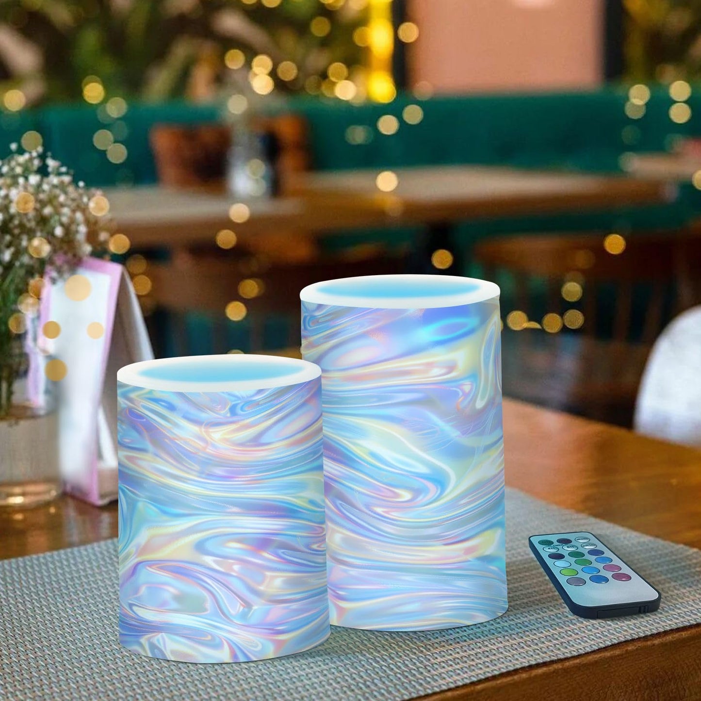 ALAZA Holographic Pattern Flameless Candles, LED Pillar Candles with Remote Timer, Battery Operated Candles Set of 2