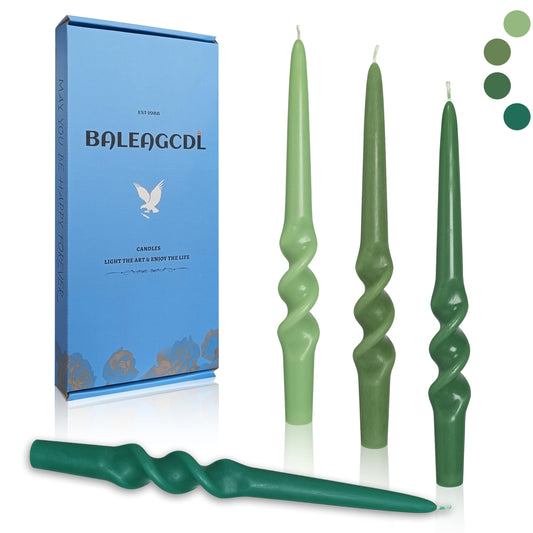 BALEAGCDL Gradient Green Smokeless Candles Handmade Twisted Taper Candle 9.5 Inch Long Spiral Candlesticks Unscented Candles for Holiday Wedding Party Decor Gifts 4 Pcs